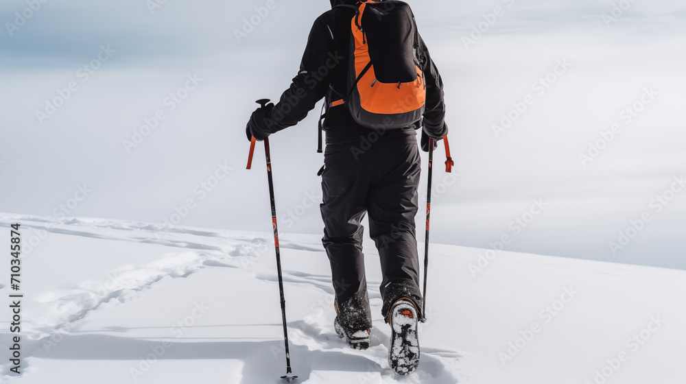 rear back of a man hiking on the snow in sunny day