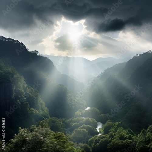 Ethereal Sunrays Over Mountainous Vista, Perfect for Eco Tourism and Outdoor Exploration. Majestic Landscape with Breathtaking Sunrise and Rich Greenery, Ideal for Wall Art © Zuyu