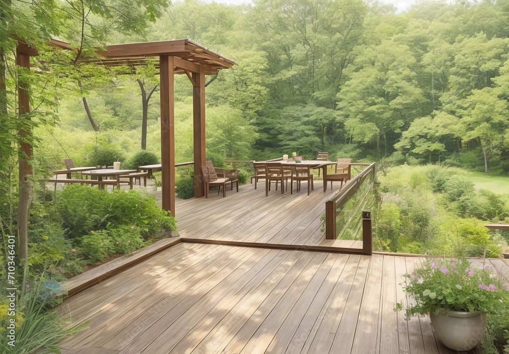 Beautiful wooden terrace with garden furniture surrounded by greenery on a warm, summer day
Beautiful wooden terrace with garden furniture surrounded by greenery on a warm, summer day