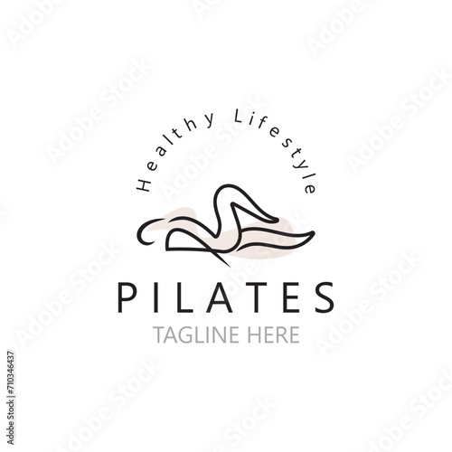 Abstract pilates Logo, Yoga identity body balance vector monoline Design Template. wellness lifestyle