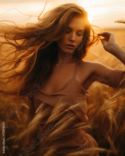 A beautiful woman in a field with her hair blowing in the wind. Generative AI. © serg3d