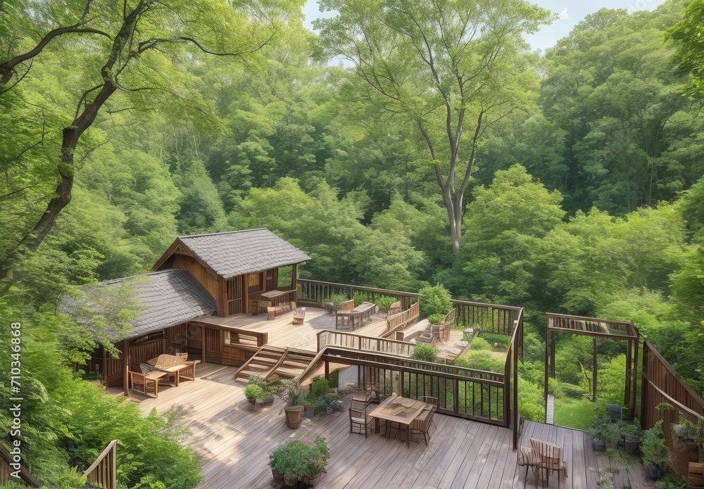 Beautiful wooden terrace with garden furniture surrounded by greenery on a warm, summer day
Beautiful wooden terrace with garden furniture surrounded by greenery on a warm, summer day