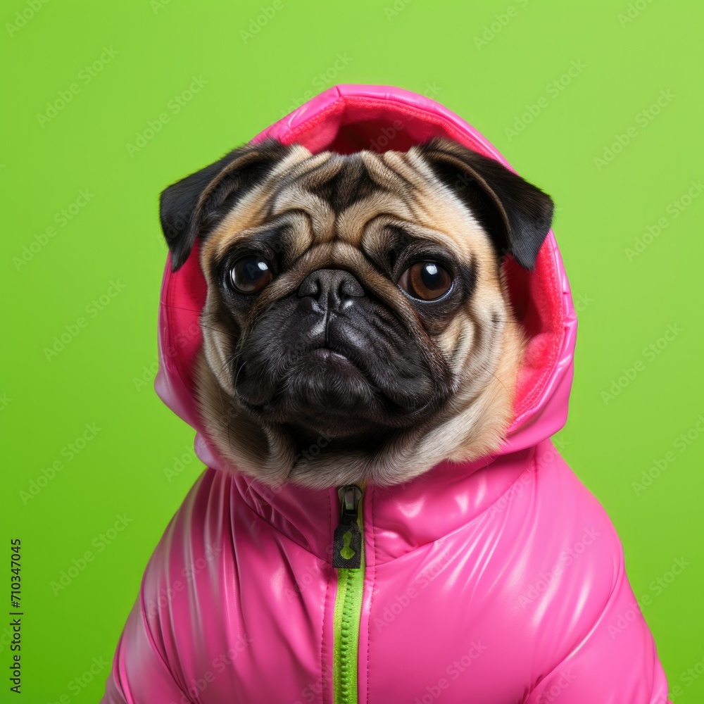 A pug dog wearing a pink jacket on a green background. Generative AI.