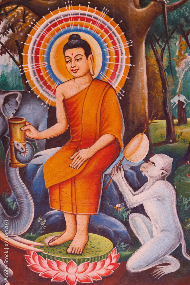 Obraz premium Mongkol Serei Kien Khleang Pagoda. Life of Siddhartha Gautama, the Buddha. The Buddha in retreat attended by disciples and a monkey and elephant with offerings. Phnom Penh; Cambodia.