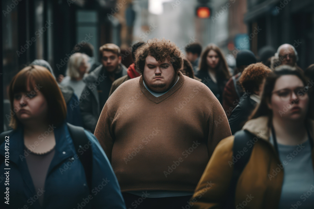 
Photo of a despondent obese person in a crowded street, looking down, with blurred people walking past