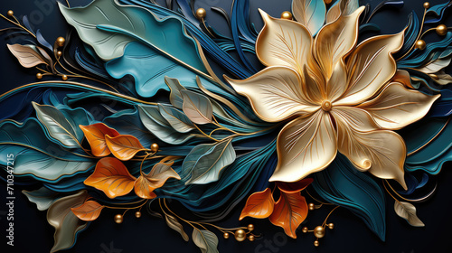 beautiful luxury  blue and gold leaves on dark background photo