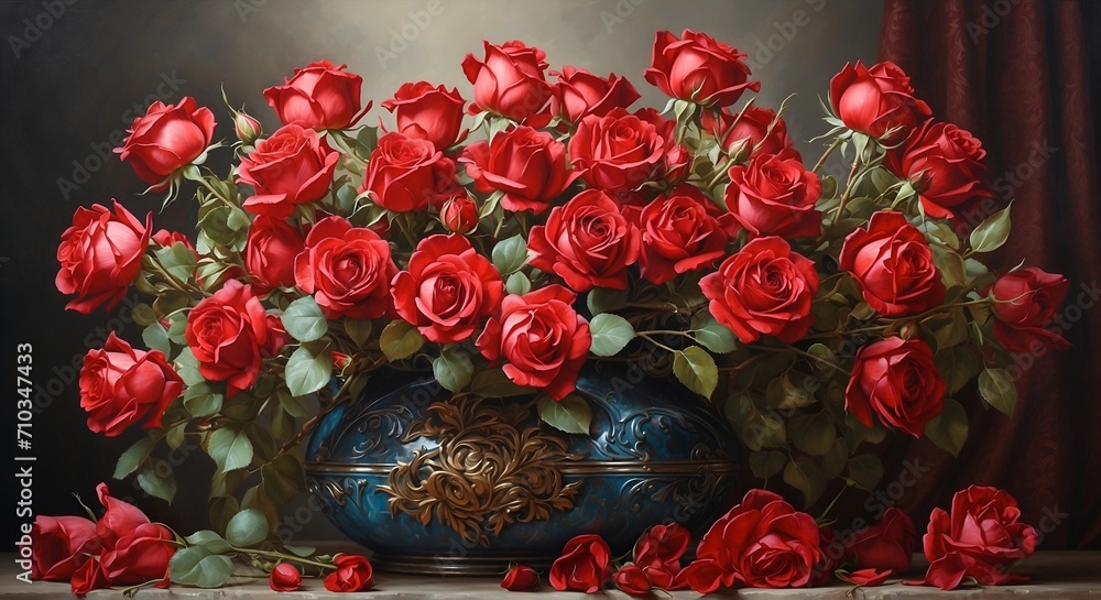 A bouquet of vibrant red roses, delicately arranged in a vintage vase, brought to life in a hyper-realistic oil painting.