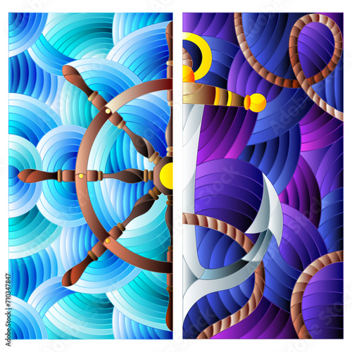 A set of illustrations in the style of a stained glass window on a marine theme, an anchor and a steering wheel on a blue background