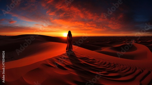 A woman stands in the desert at sunset. Generative AI.