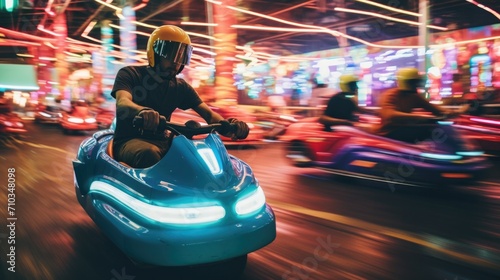 A man riding a blue car in a carnival. Generative AI.