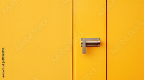 A yellow door with a brass handle on yellow background 