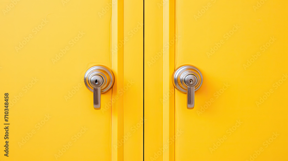 A yellow door with a brass handle on yellow background
A yellow door with a brass handle on yellow background