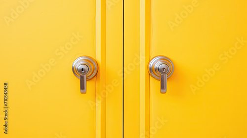 A yellow door with a brass handle on yellow background 