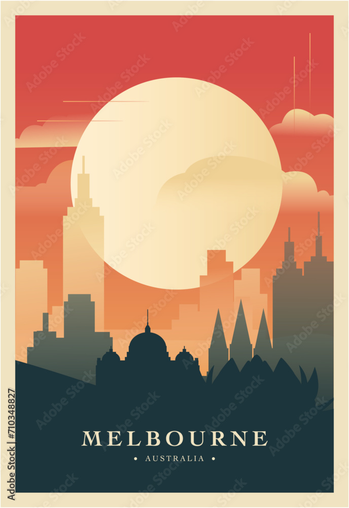 Melbourne city brutalism poster with abstract skyline, cityscape retro vector illustration. Australia travel front cover, brochure, flyer, leaflet, business presentation template image