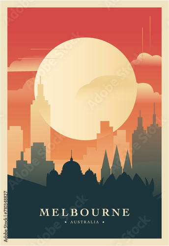 Melbourne city brutalism poster with abstract skyline, cityscape retro vector illustration. Australia travel front cover, brochure, flyer, leaflet, business presentation template image