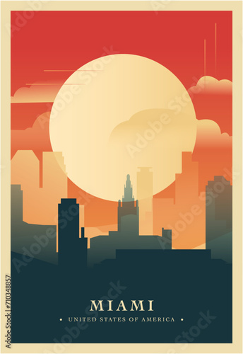 Miami city brutalism poster with abstract skyline, cityscape Florida state retro vector illustration. US travel front cover, brochure, flyer, leaflet, presentation template, layout image