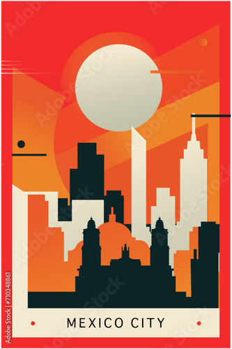 Mexico city brutalism poster with abstract skyline, cityscape retro vector illustration. Mexico travel front cover, brochure, flyer, leaflet, business presentation template image