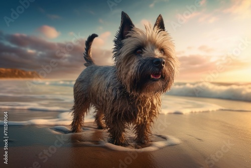 Playful furry dog on serene sea beach. Pet friend summer sandy freedom vacation. Generate ai