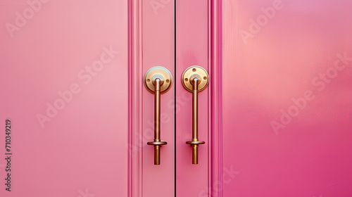 A pink door with a brass handle on pink background 
