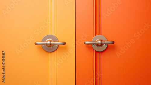 A orange yellow door with a brass handle on orange background 