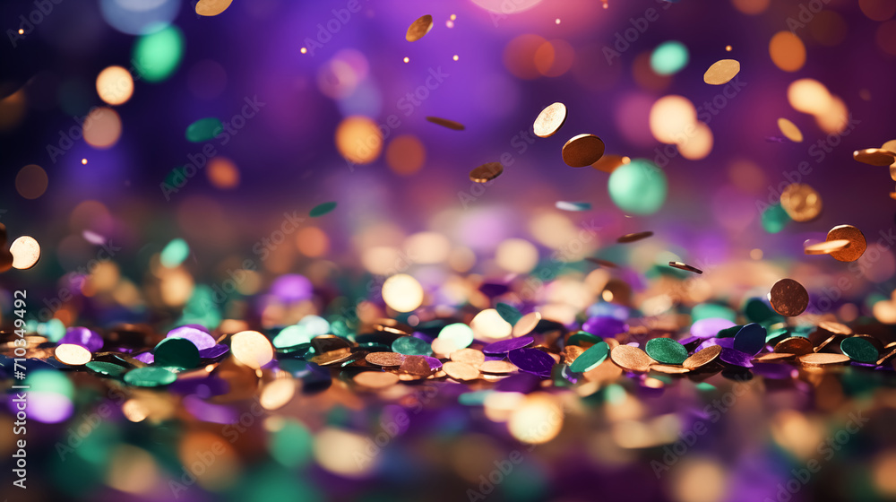 Abstract festive background with flying colorful confetti for the Venetian Mardi Gras holiday. Concept for Orleans masquerade - obrazy, fototapety, plakaty 