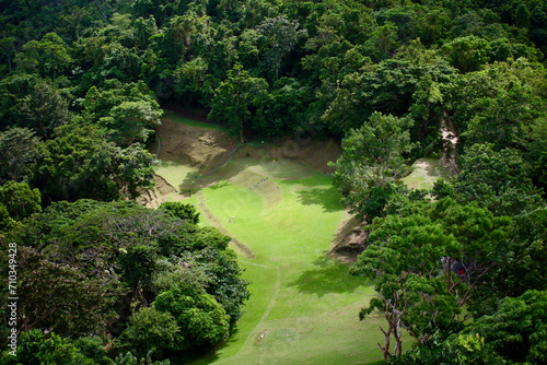 Top view of the golf course. Aerial view of a golf course among the trees.