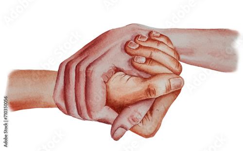 Watercolor illustration of two holding hands isolated on white background. People shaking hands. Symbol of friendship, love, support, agreement, peace, unity, solidarity.