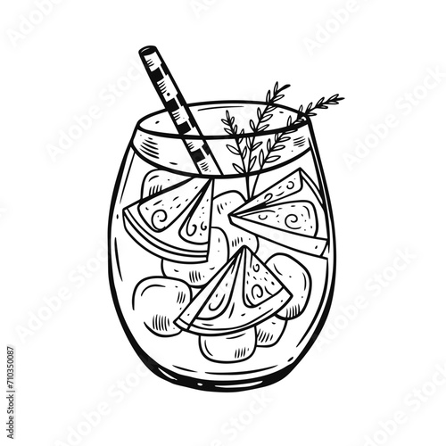 Hand drawing cocktail with lemon slice and rosemary. Black color engraving style. Fresh summer drink.