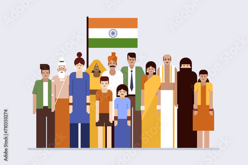 People of Indian ethnicity with diverse cultural background standing under national flag
