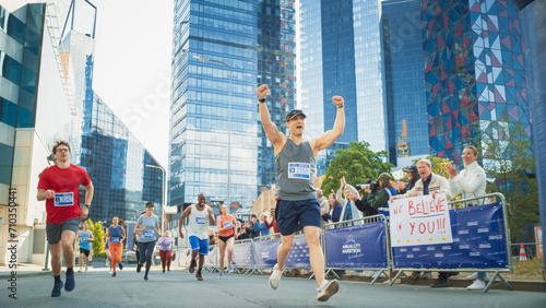 Portrait of a Smiling Group of People Participating in a City Marathon. Wide Shot of Diverse Race Runners Reaching the Finish Line, Celebrating Their Victory and Achieving their Goal