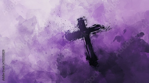 Ash Wednesday themed watercolor artwork showing a simple ash cross on a textured purple background, minimalist and evocative, hand-painted watercolor