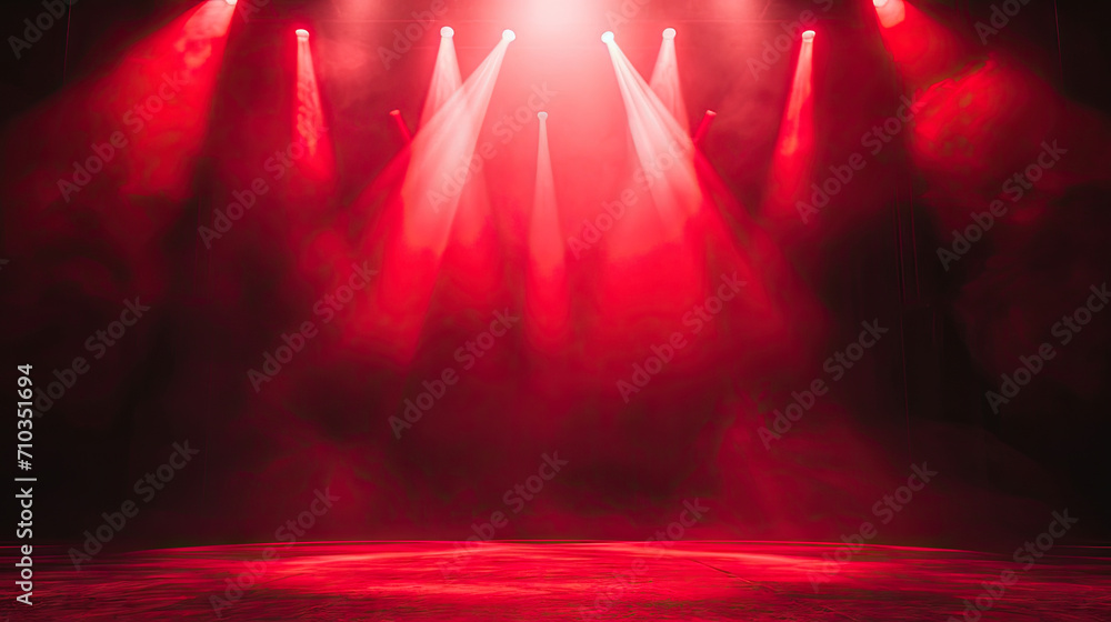 Free stage with lights and smoke, Empty stage with red spotlights, conser, show, party, Presentation concept.  Red spotlight strike on black background  - obrazy, fototapety, plakaty 