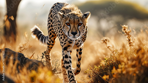 A cheetah is walking through the grass at sunset