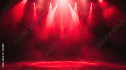 Free stage with lights and smoke, Empty stage with red spotlights, conser, show, party, Presentation concept.  Red spotlight strike on black background  photo
