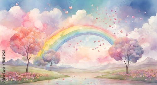 A dreamy landscape of floating hearts, pastel-colored flowers, and a rainbow sky, all brought to life with a soft watercolor rendering.
