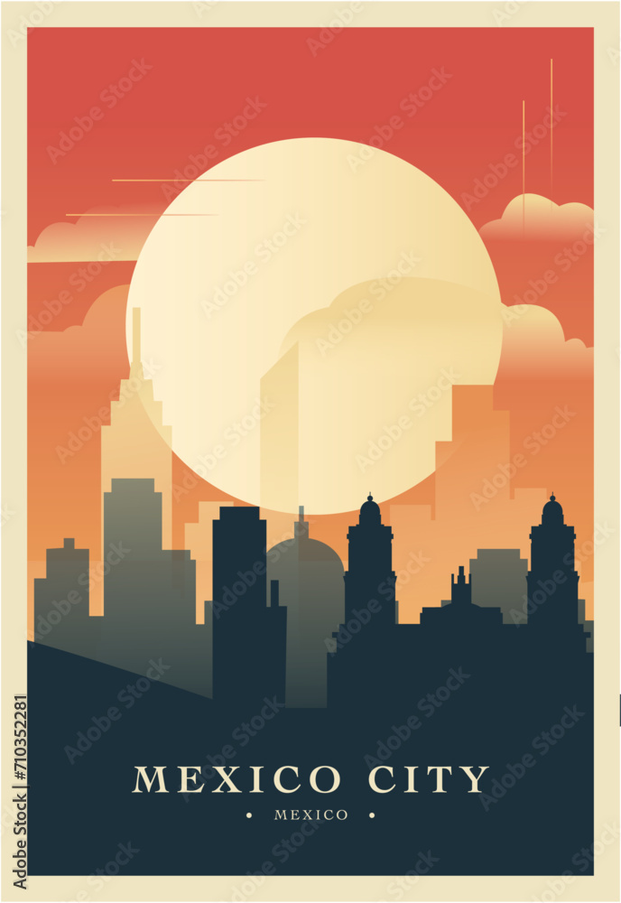 Mexico city brutalism poster with abstract skyline, cityscape retro vector illustration. Mexico travel front cover, brochure, flyer, leaflet, business presentation template image