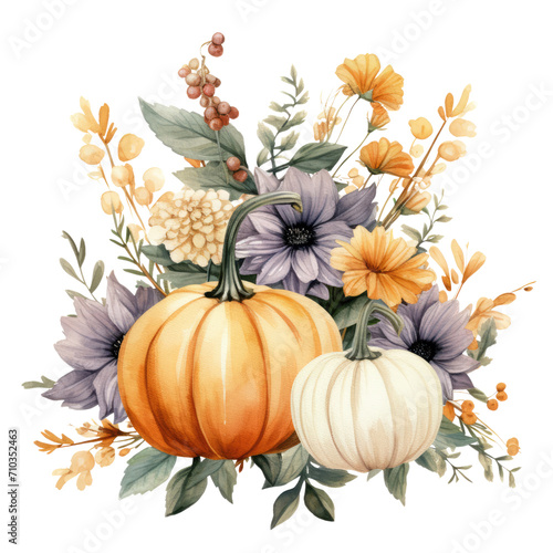 Watercolor floral pumpkin illustration, fall bouquets . Pastel pumpkins and flower arrangements in Earth Tone