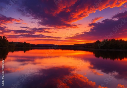 An image of a vibrant sunset over a serene lake  with colorful reflections shimmering on the water 