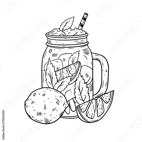 Hand draw cocktail in jar with lemon. Black color engraving style. Fresh summer drink.