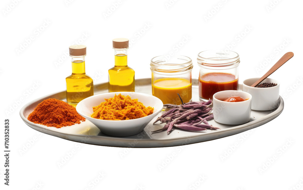 Tray Showcase of a Culinary Kit Infused with Saffron Essence On White or PNG Transparent Background.