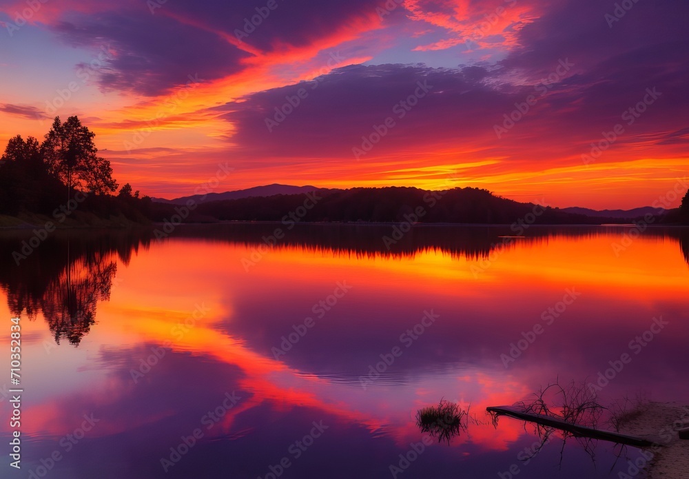 Fototapeta premium An image of a vibrant sunset over a serene lake, with colorful reflections shimmering on the water