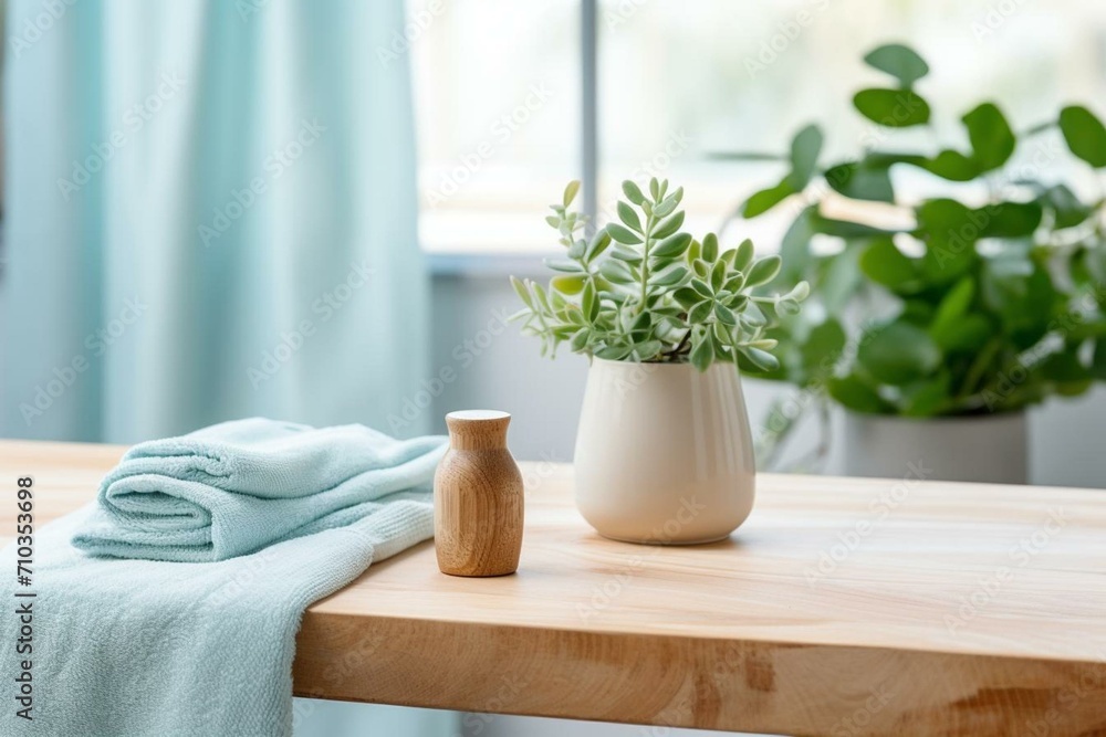 Empty wooden table with soap, towels, and plant pot against a blurry bathroom background. Generative AI