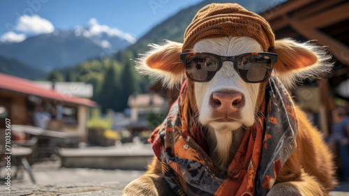 Fashionable cow with sunglasses and scarf in the mountains