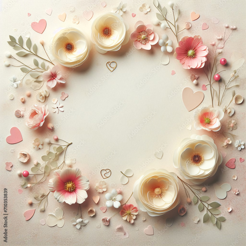Top view photo with flowers and hearts in light colors, Al Generation - obrazy, fototapety, plakaty 