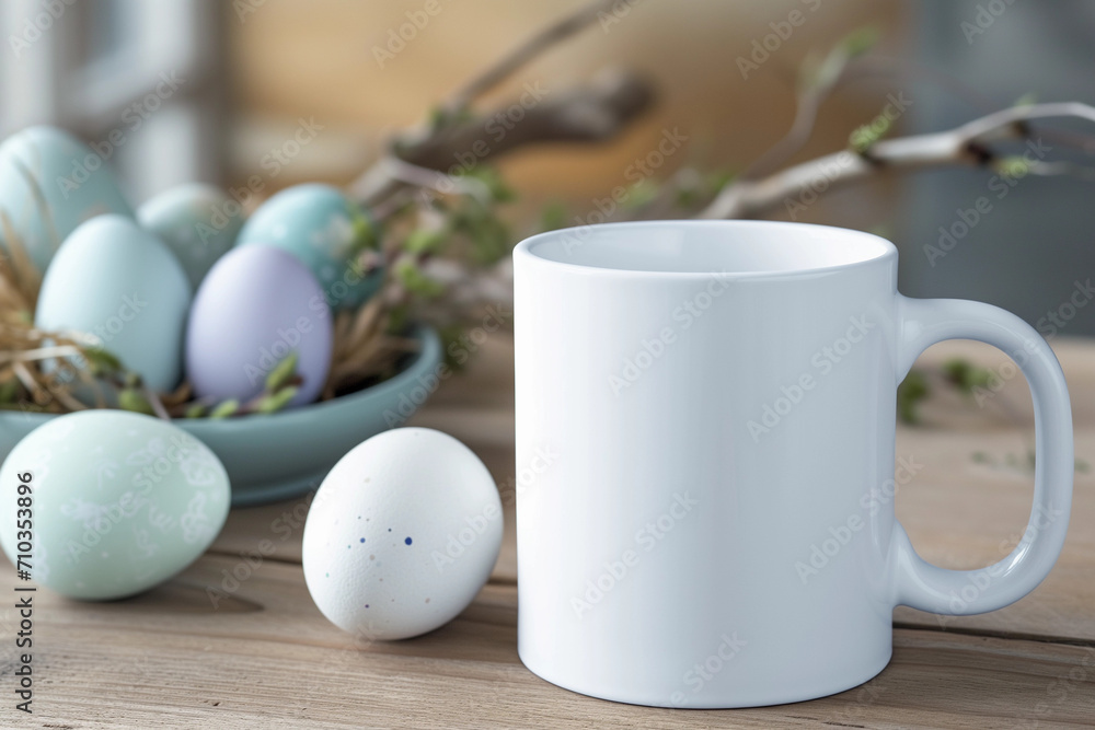 Easter blank white coffee mug mockup with delicate branches and pastel eggs background on a natural wood table. Use for POD product listings in pretty rustic rural spring design for custom home decor Easter blank white coffee mug mockup with delicate branches and pastel eggs background on a natural wood table. Use for POD product listings in pretty rustic rural spring design for custom home decor