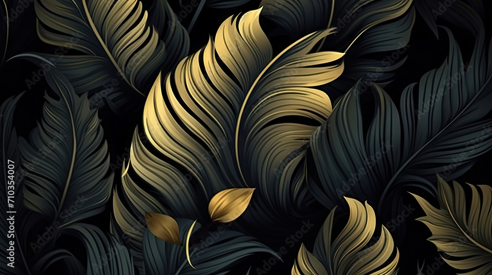 luxury black and gold tropical leaves on a dark background. .Trendy luxury fashion pattern design. Natural botany floral composition. luxury black and gold tropical leaves on a dark background. .Trendy luxury fashion pattern design. Natural botany floral composition.