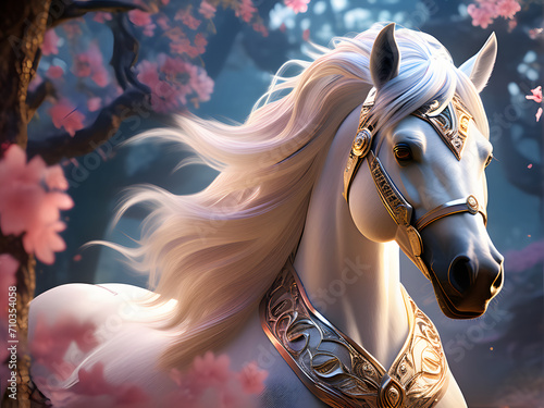 Majestic horse, ethereal energies. AI art conjures enchantment, mystical guardian in a dreamlike realm.