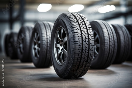 Row of new car tires on display at a tire store. © Virtual Art Studio