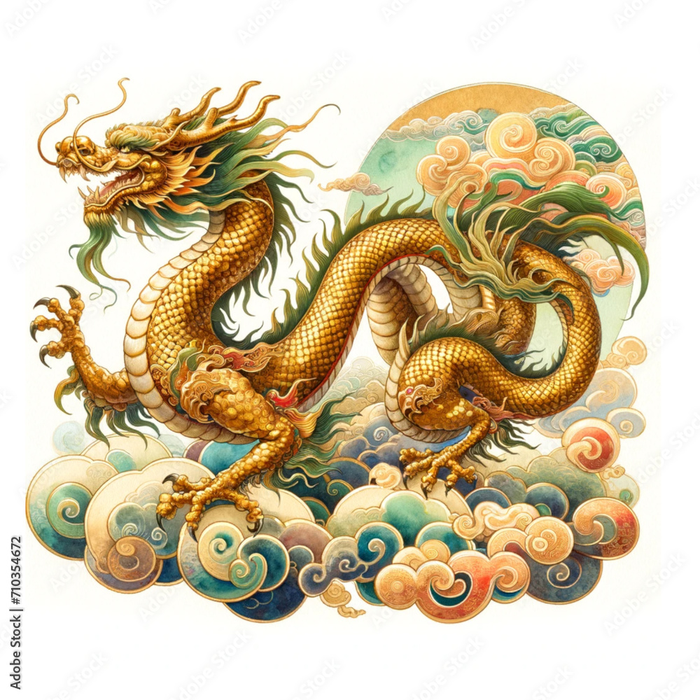 Fototapeta premium watercolor illustrations of a mythical gold dragon on a cloud, designed in a traditional Chinese style