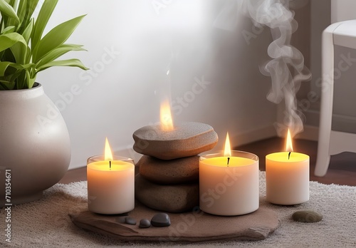 Cozy corner for home meditation and relaxation. Aroma diffuser  burning candles  stones for comfort  pleasure  aromatherapy. Decor for apartment  house  indoors design 